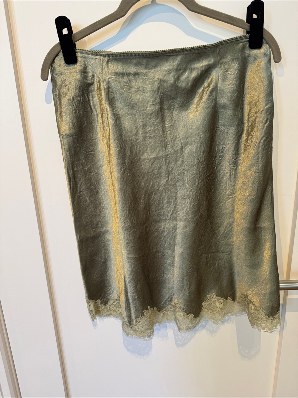 J. Crew Olive Green Satin Midi Skirt with Lace Hem - Picture 3 of 3